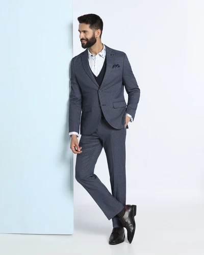 Navy Three Piece Textured Suit - Zyme